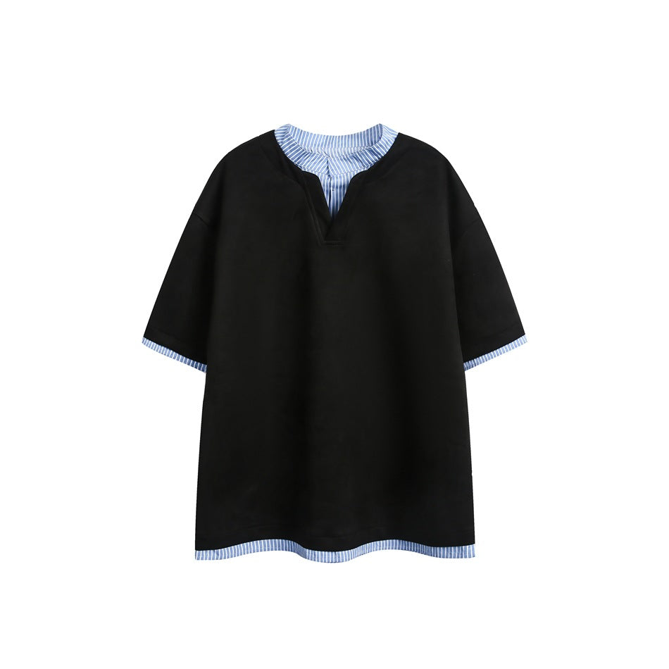Black short-sleeve tee with notched V-neck and blue striped layered trim at neck, sleeves and hem