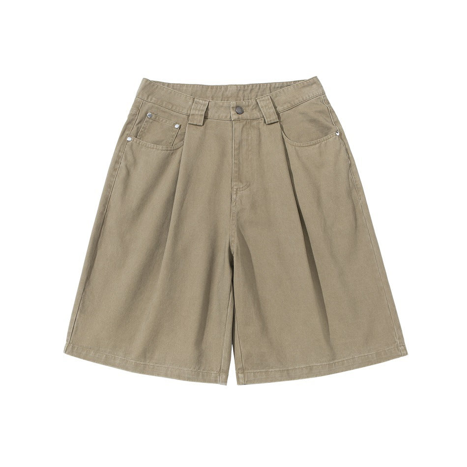 Khaki pleated wide-leg knee-length shorts, front flat lay with button fly and front pockets