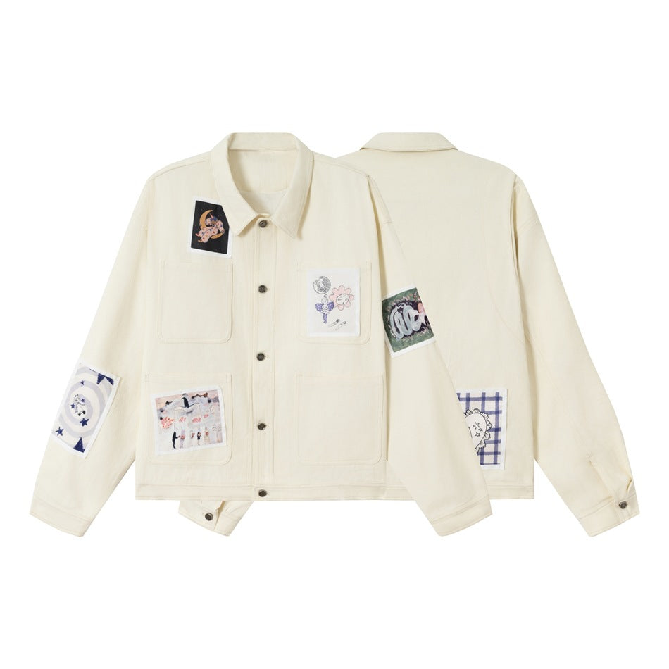 Cream button-front jacket shown from the front and back, with large pockets and colorful graphic patches.