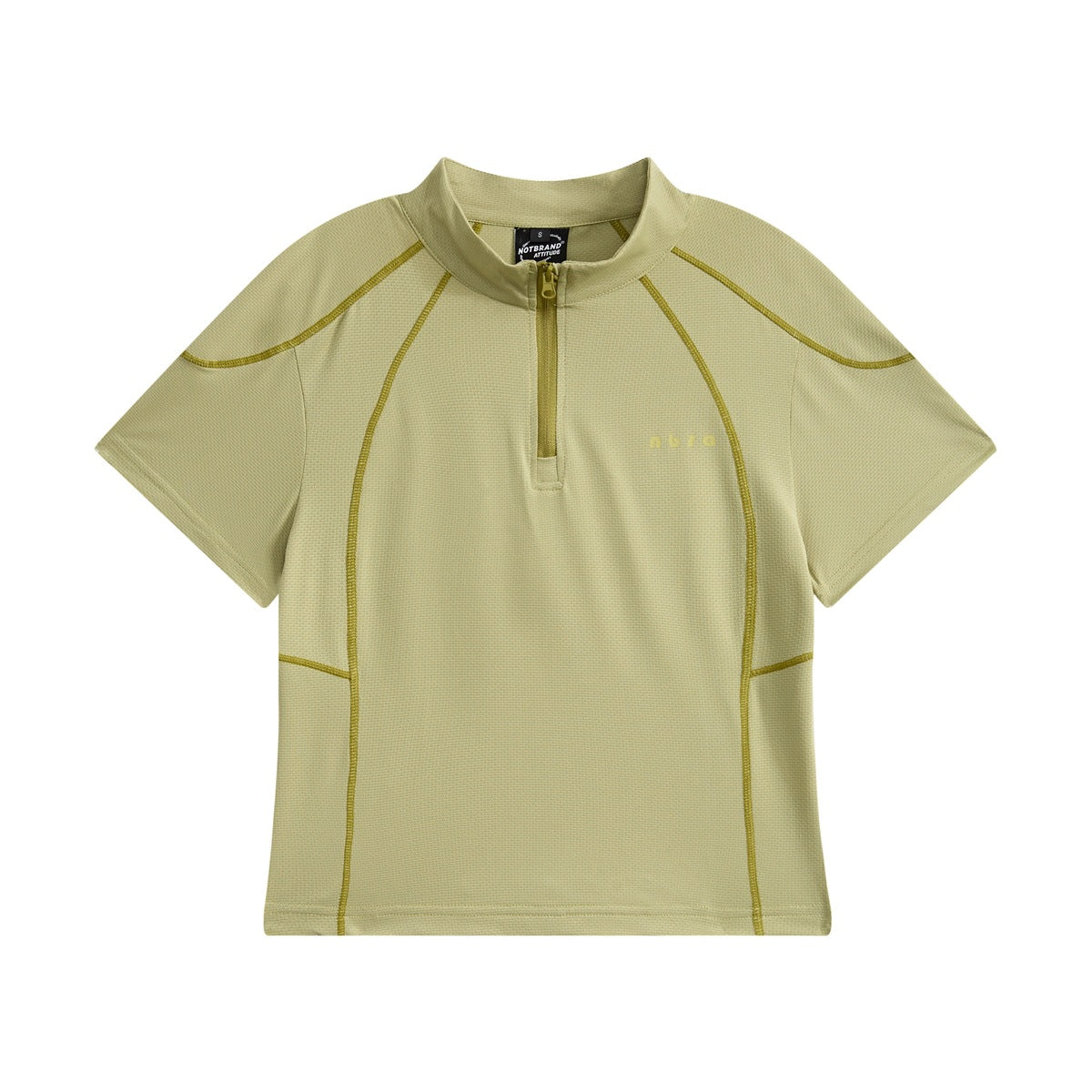 Olive green short-sleeve half-zip top with darker contrast stitching and a stand collar, flat front view