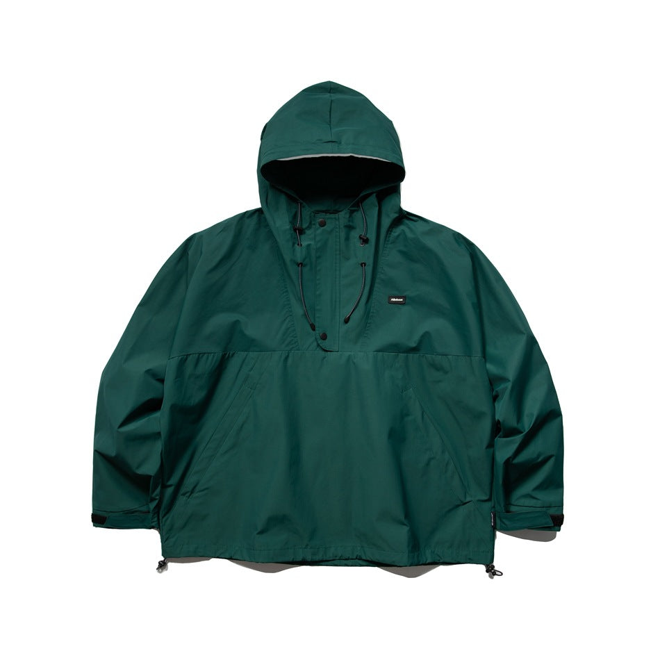 Dark green hooded pullover jacket, front flat view with snap placket, drawcords and slanted pockets
