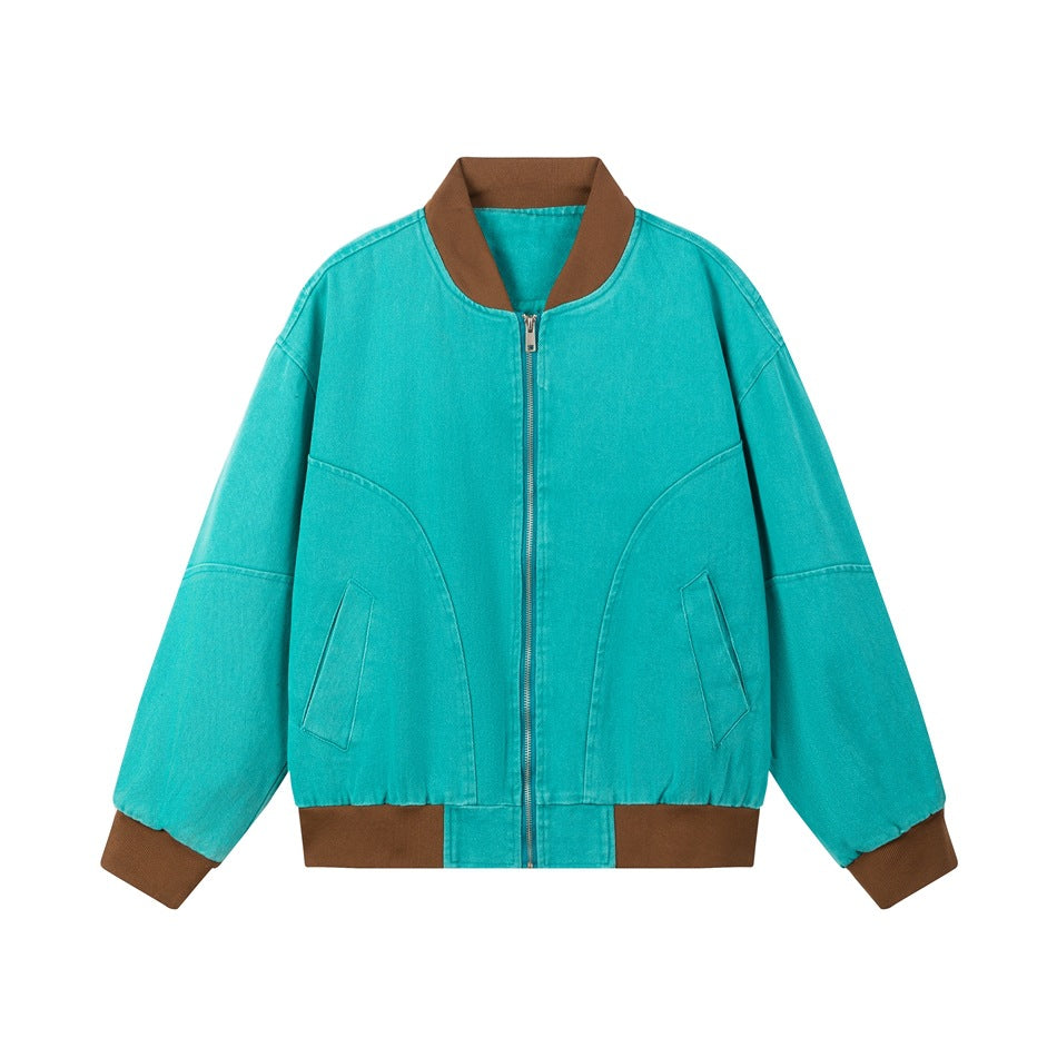 Teal bomber-style jacket with brown ribbed collar, cuffs and hem, front zipper and slanted pockets, flat lay