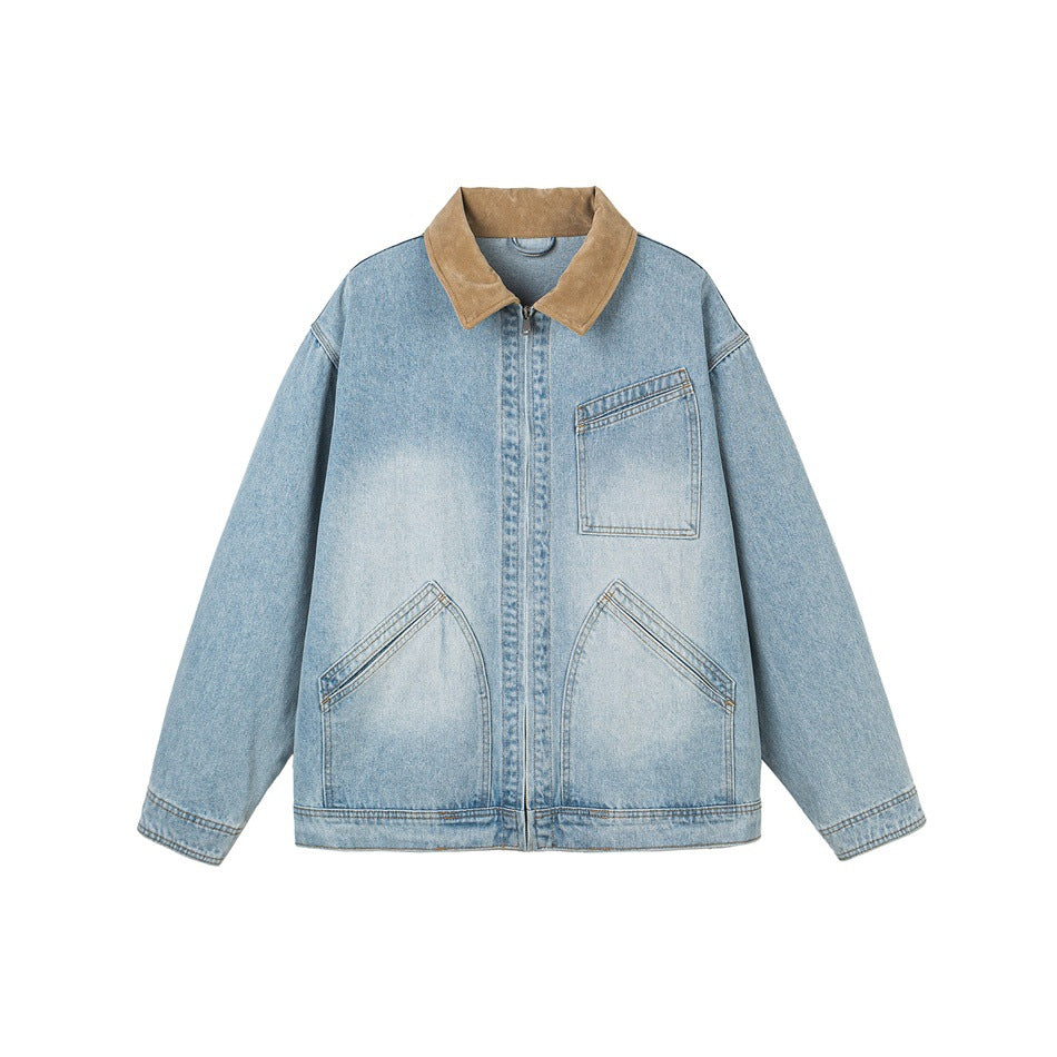 Light blue washed denim jacket with tan collar, front zip, chest patch pocket and curved front pockets, flat view