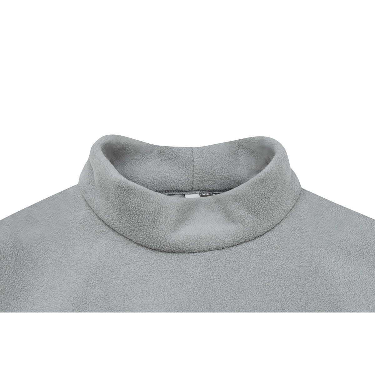 Close-up of the light gray fleece jacket's tall folded collar and neckline.