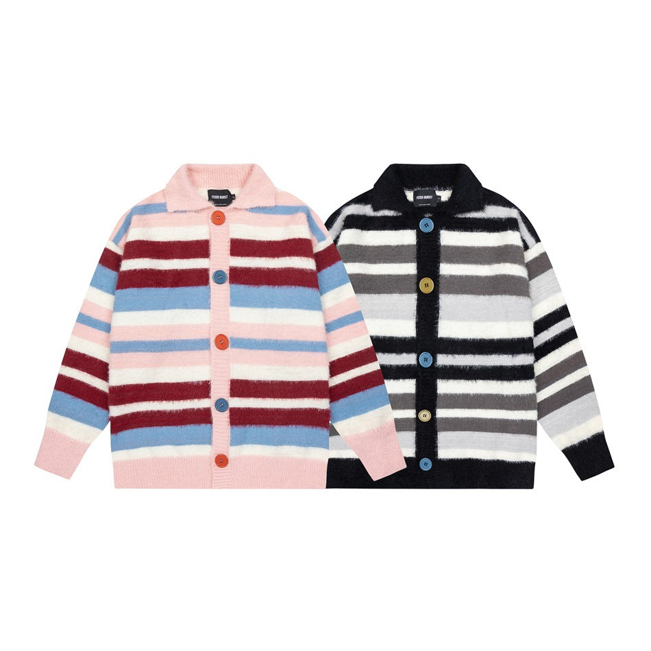 Two striped button-front cardigans shown side by side: one pink with red and blue stripes, one black, gray, and cream.