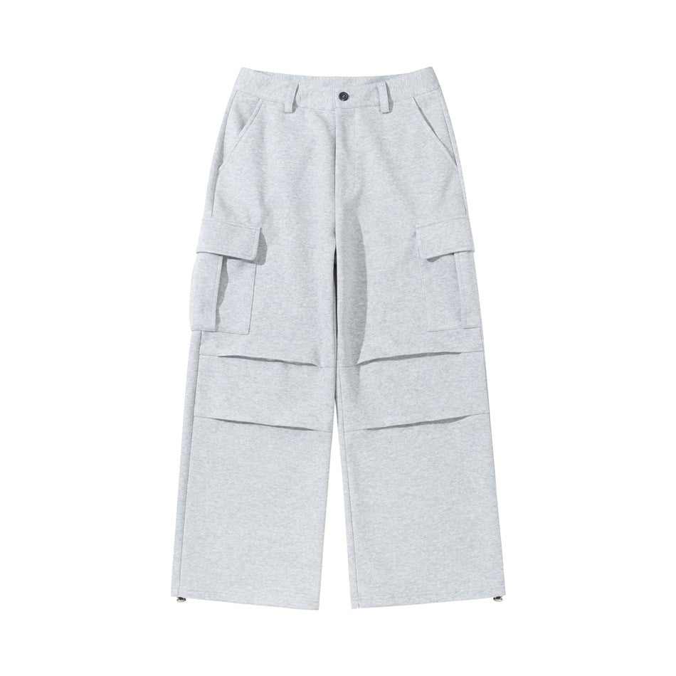 Heather gray wide-leg cargo pants flat lay, front view with flap pockets, knee pleats and button waist