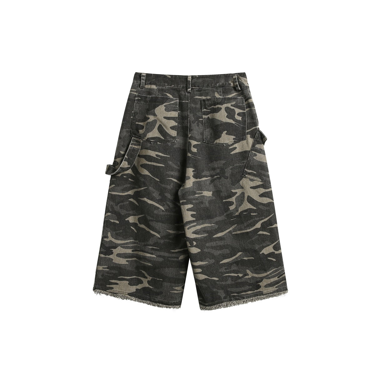 Back of washed camouflage shorts showing patch pockets, side utility loop and frayed hem