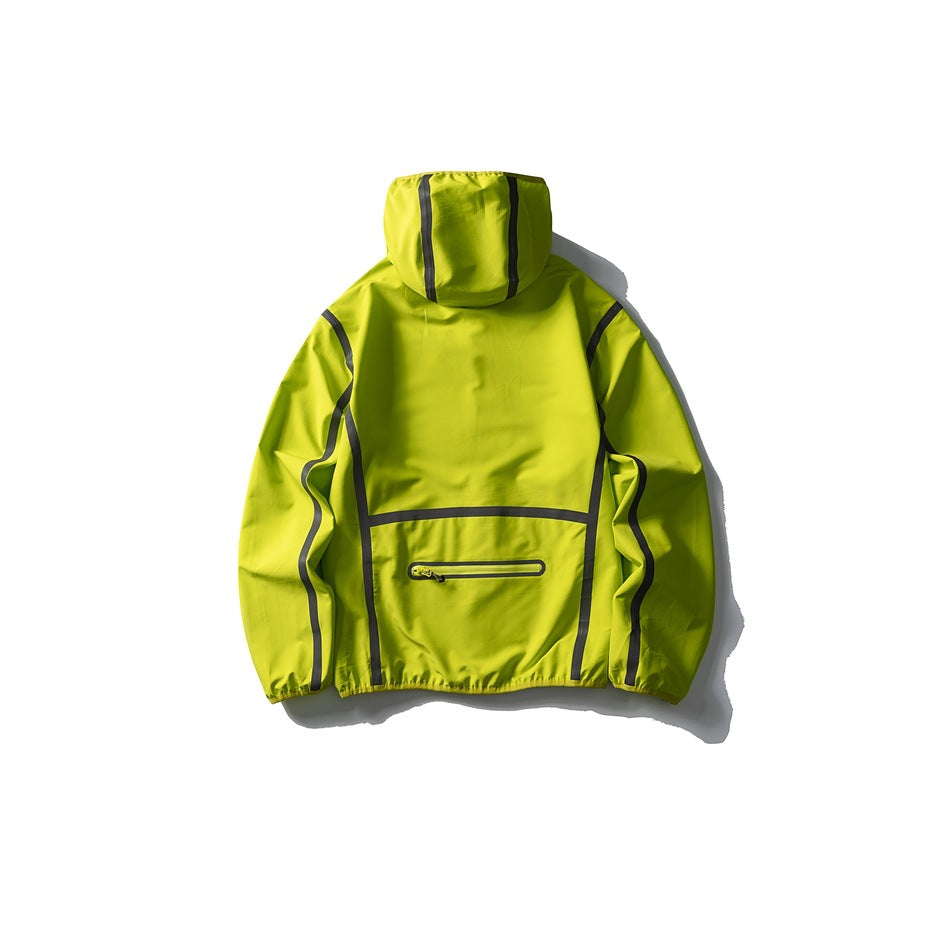 Back view of a neon yellow hooded pullover with dark seam trim and a horizontal zip pocket.