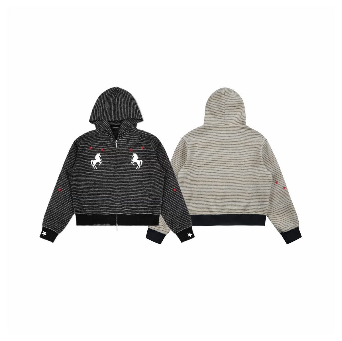 Two striped hooded zip jackets shown front and back: one dark gray and one beige, with stars and horse motifs.