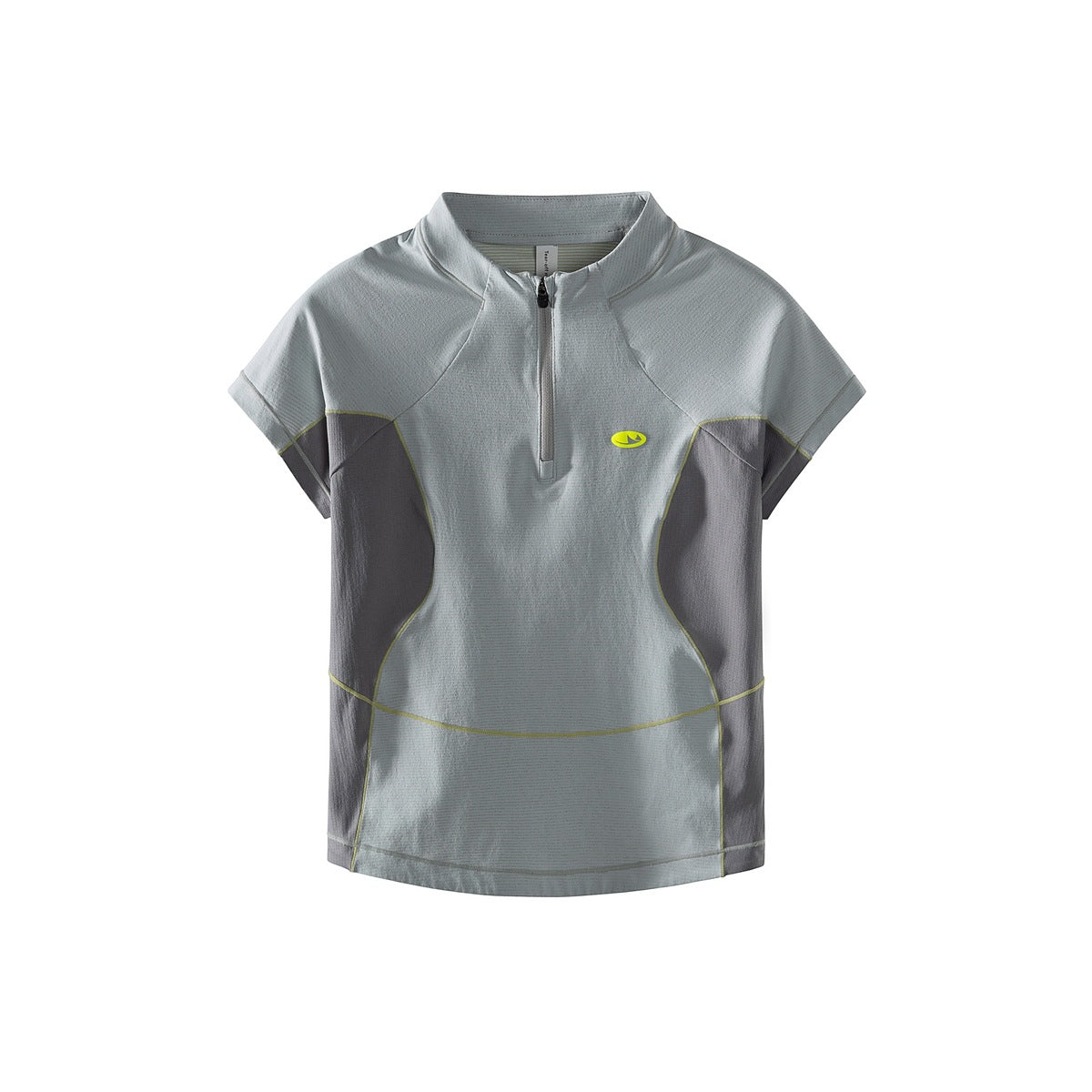 Gravel gray half-zip short-sleeve top with dark gray side panels and yellow-green topstitching, flat front
