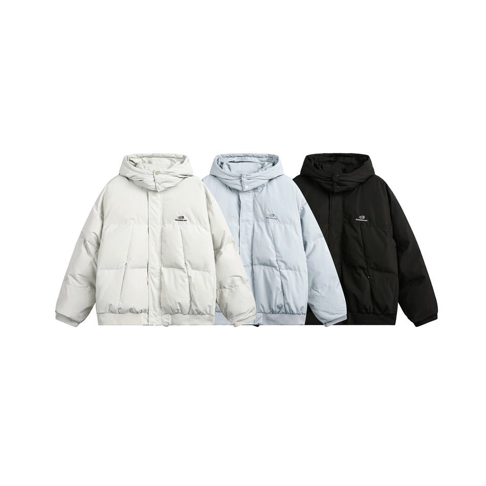 Three hooded padded jackets shown from the front in white, pale blue, and black.