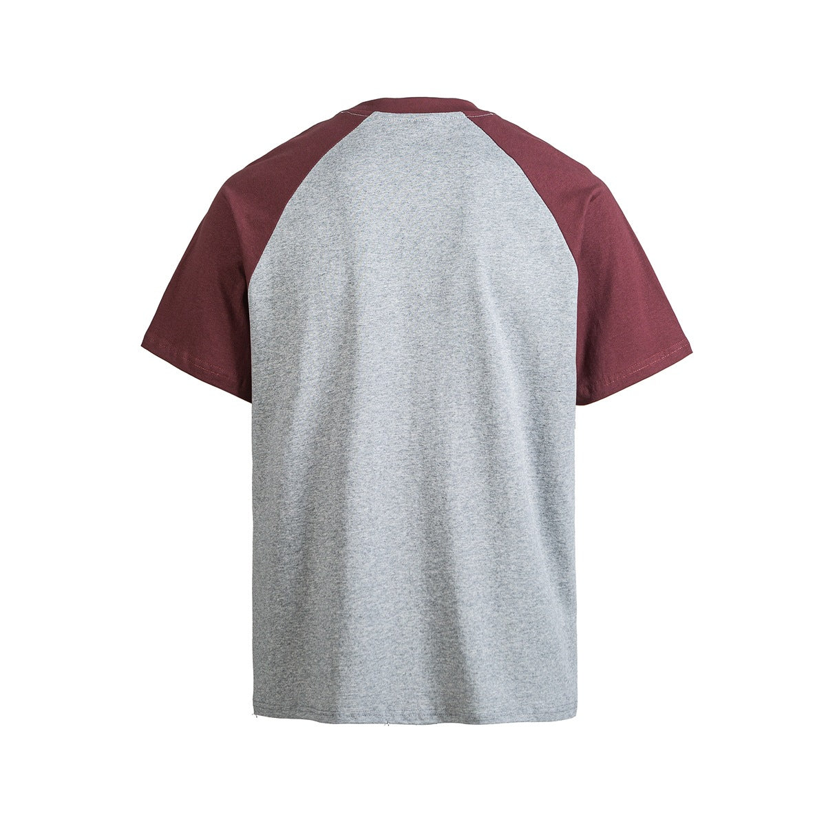 Back view of a heather-gray raglan T-shirt with burgundy short sleeves and shoulder panels.