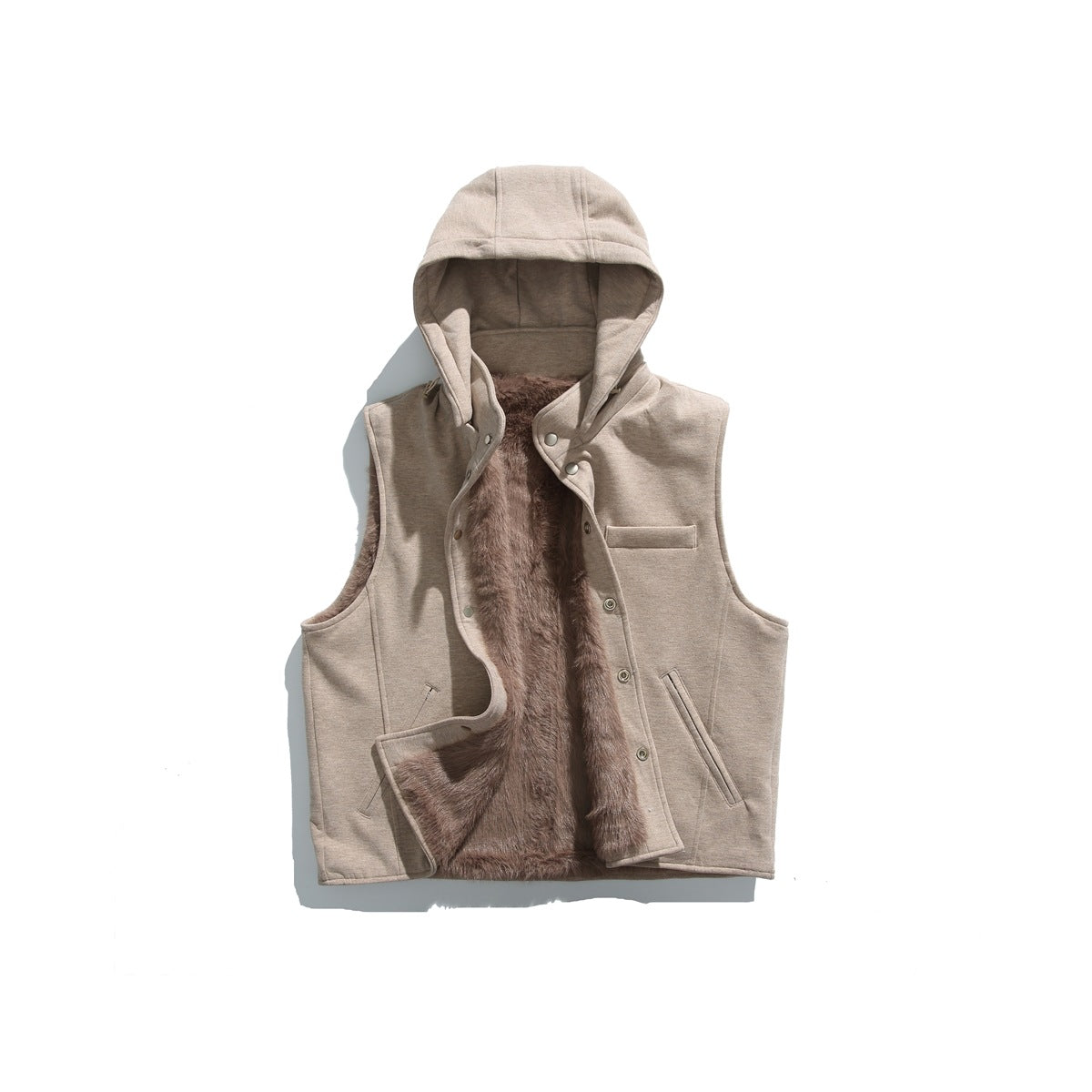 Khaki hooded snap-front vest laid flat, open to show brown plush lining and chest pocket