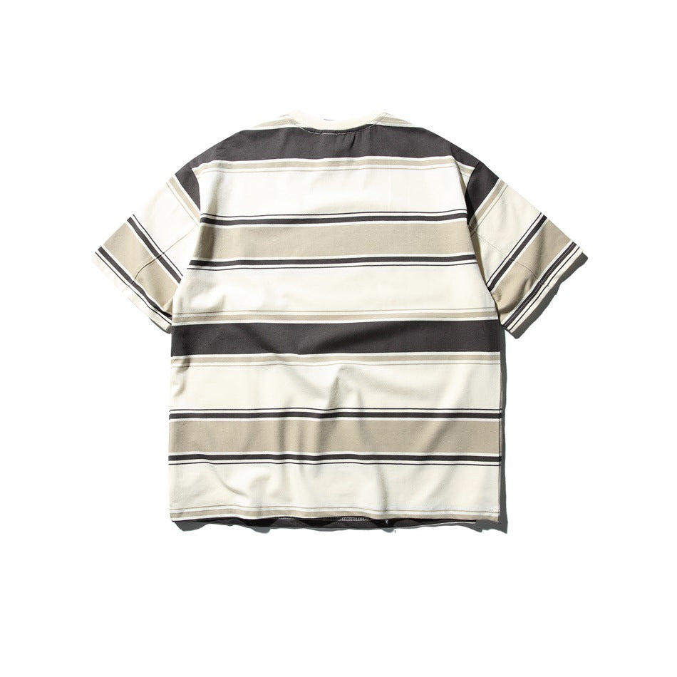 Back of a gray striped short-sleeve crew-neck T-shirt with wide cream, beige and charcoal horizontal stripes