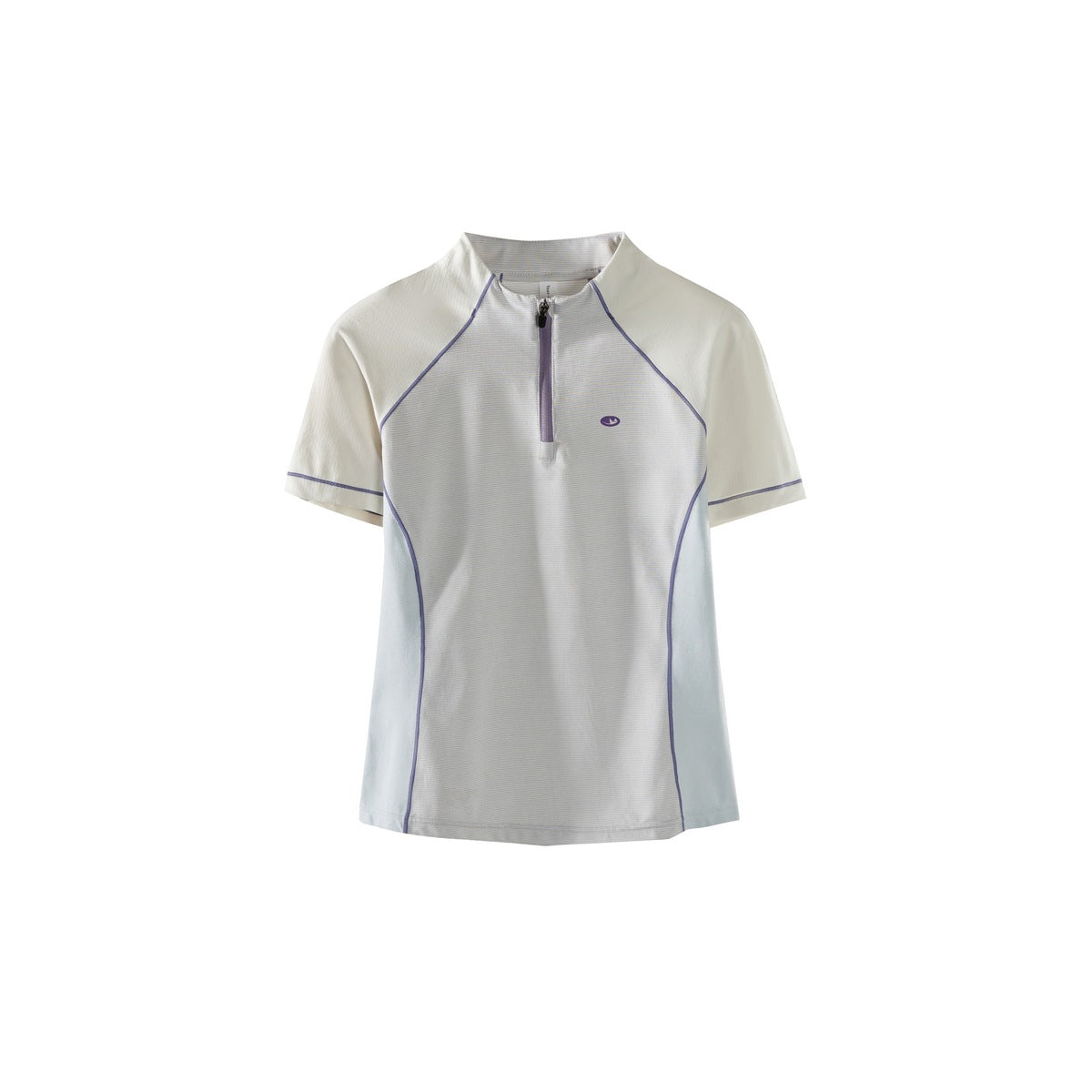 Light gray half-zip short-sleeve top with cream raglan sleeves, pale blue side panels and purple piping