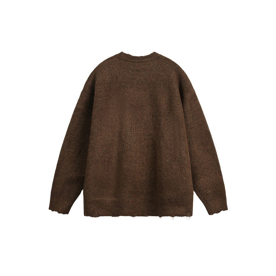 Coffee brown knit crew-neck sweater with frayed hem, flat back view