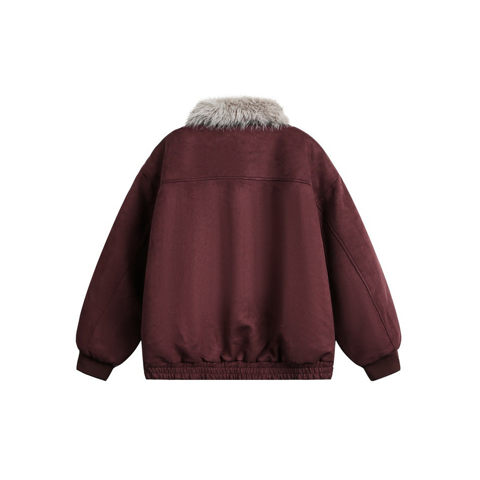 Back view of a burgundy jacket with a light gray faux-fur collar, long sleeves, and an elasticized hem.