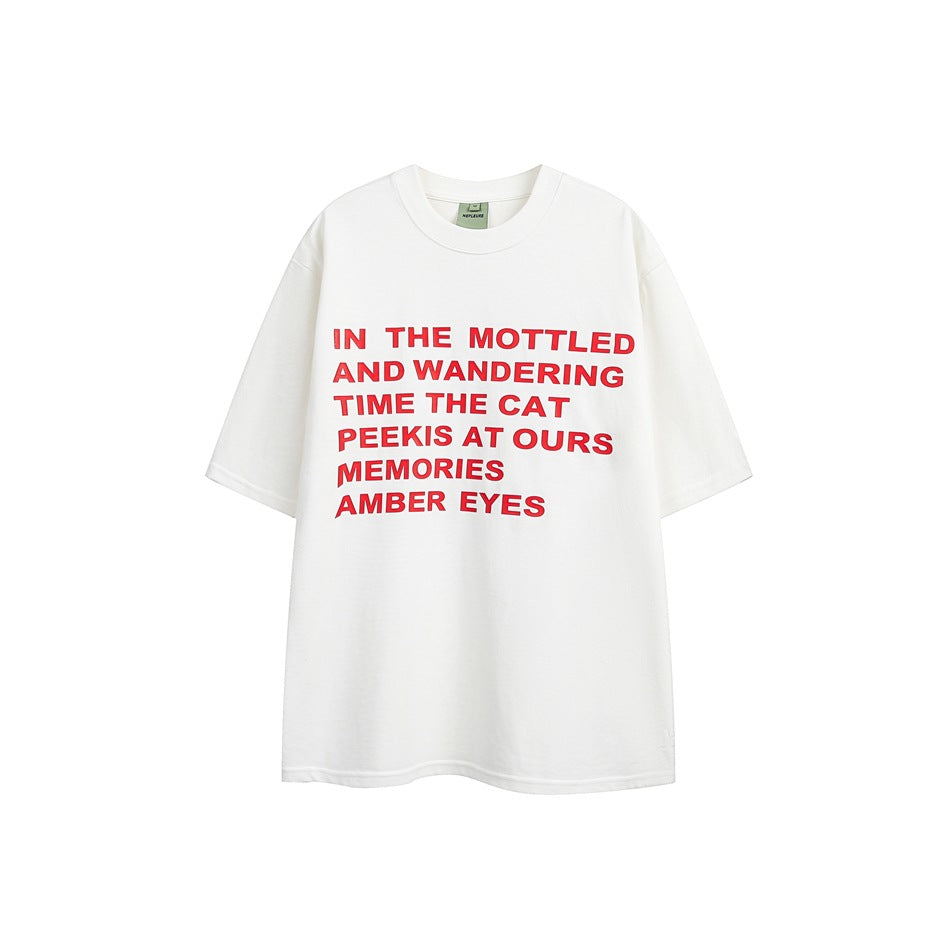 Front view of a white oversized crew-neck T-shirt with red block text across the chest.
