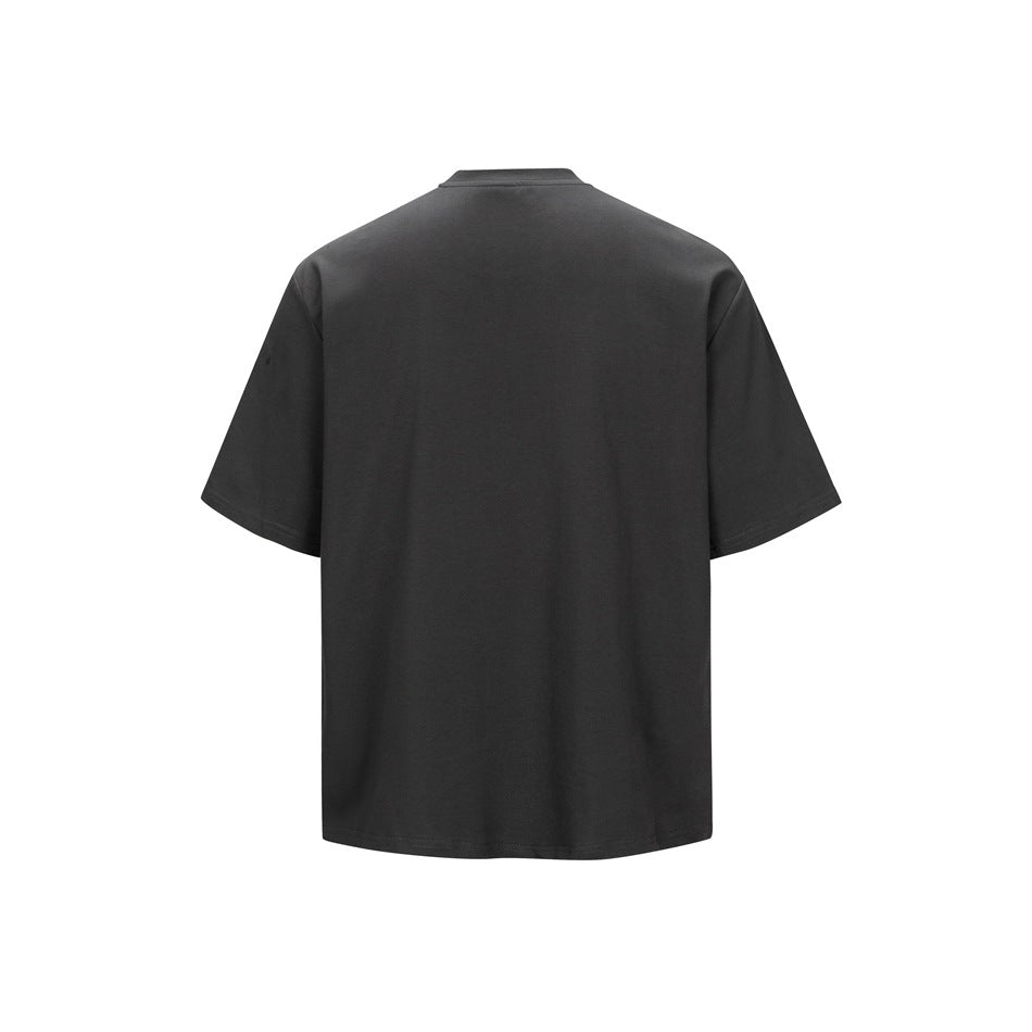 Dark gray short-sleeve crew-neck T-shirt, back view, plain with no graphics