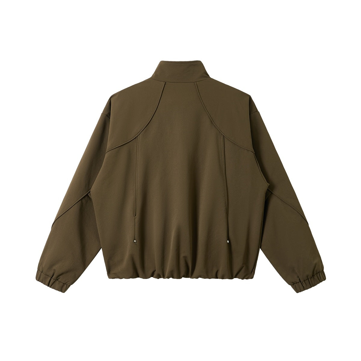 Back view of an olive-brown jacket with a stand collar, curved panel seams, and gathered cuffs and hem.