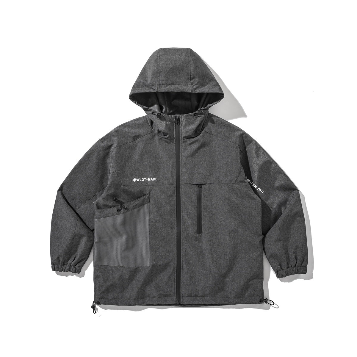 Dark heathered gray hooded zip jacket flat lay with mesh patch pocket, drawcord hem and elastic cuffs