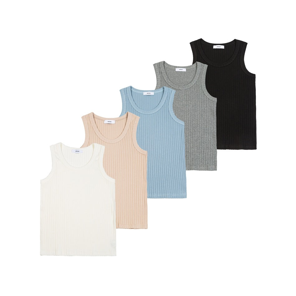 Five ribbed tank tops arranged in a diagonal row in ivory, peach, light blue, gray, and black.