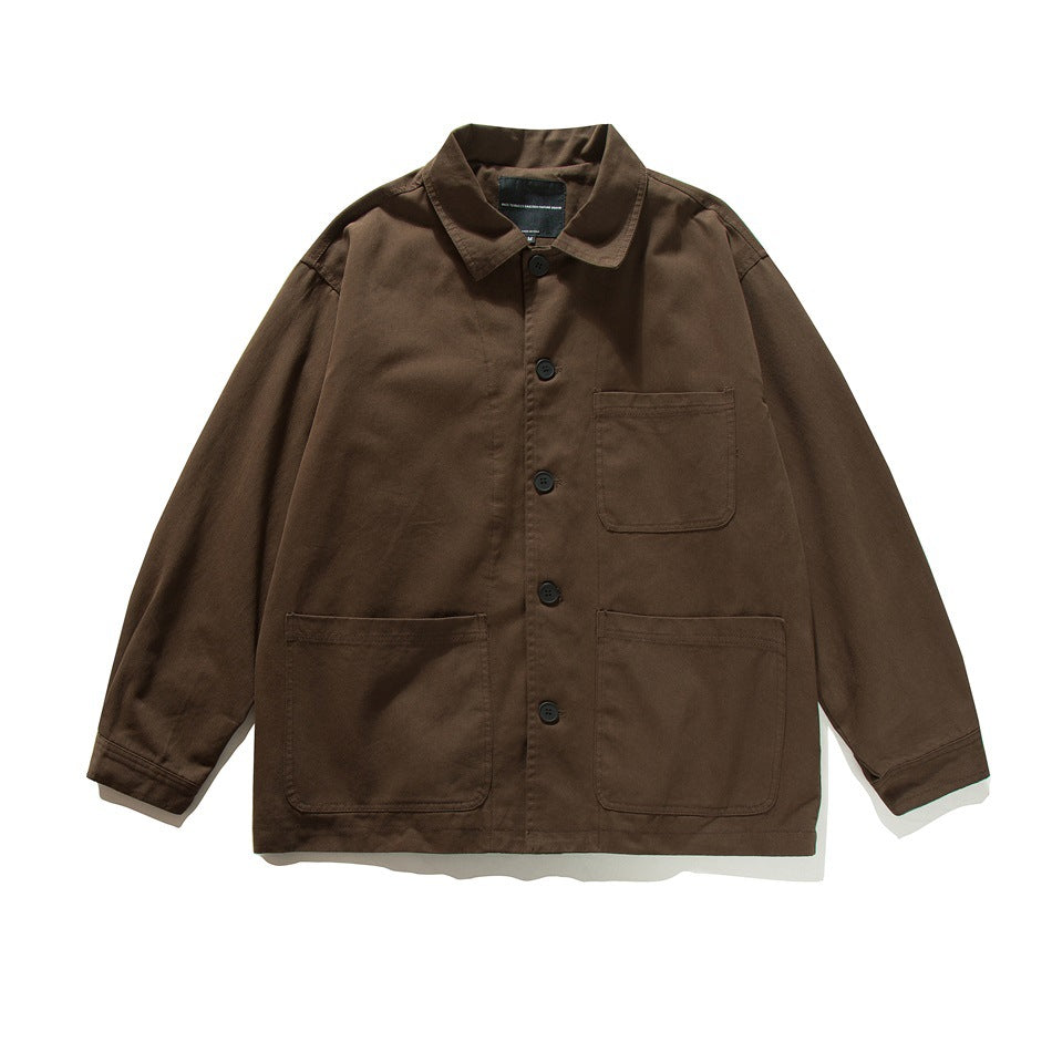 Brown button-front chore jacket with collar and three patch pockets, flat lay front view