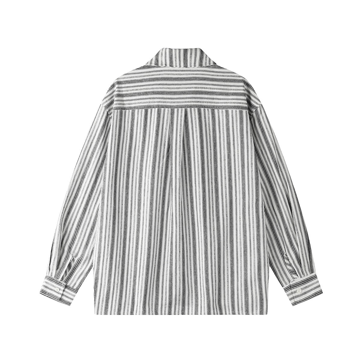 Back view of a light black-and-white vertically striped shirt with a horizontal yoke and long sleeves.