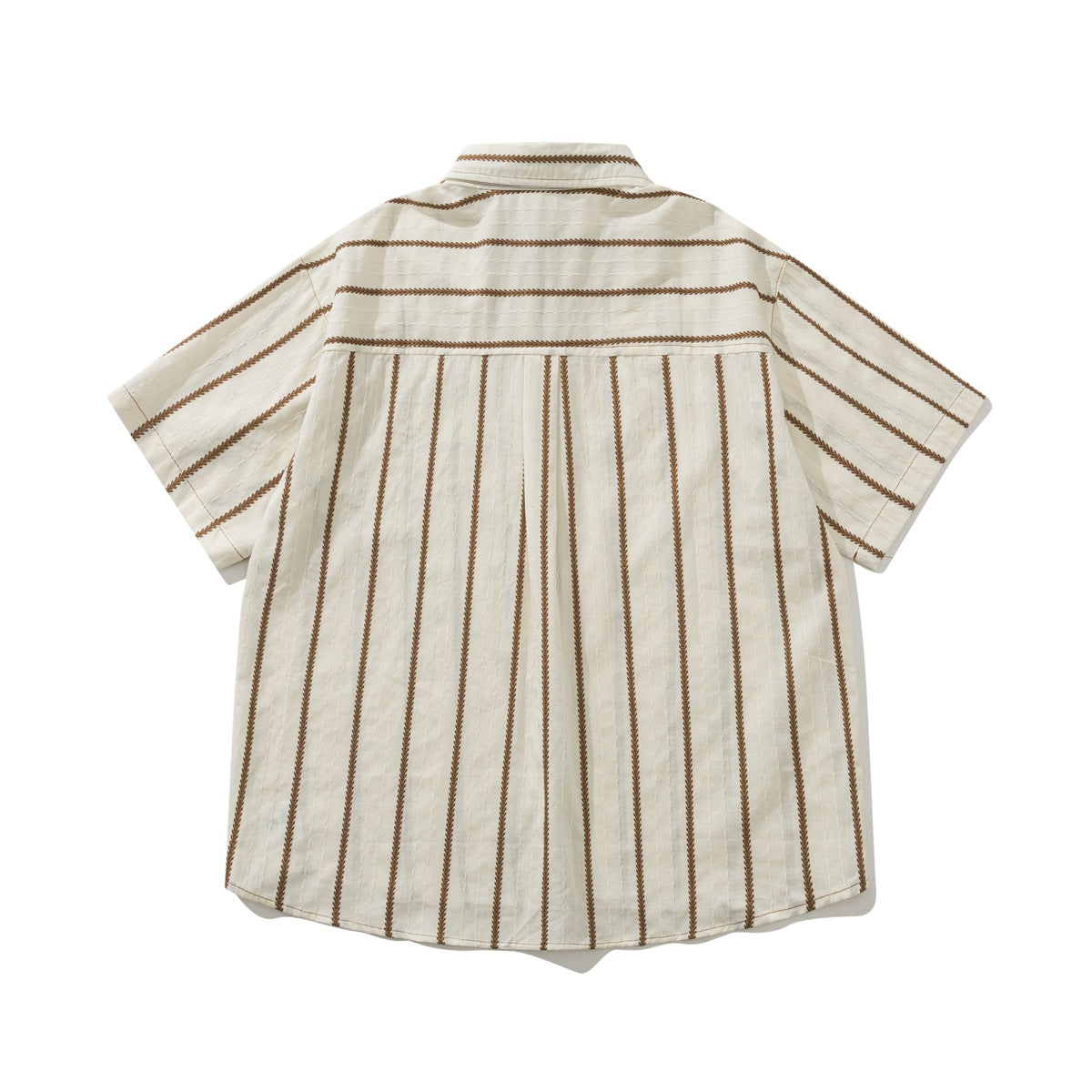 Back view of a cream short-sleeve button-up shirt with vertical brown braided stripes and horizontal stripes across the yoke.