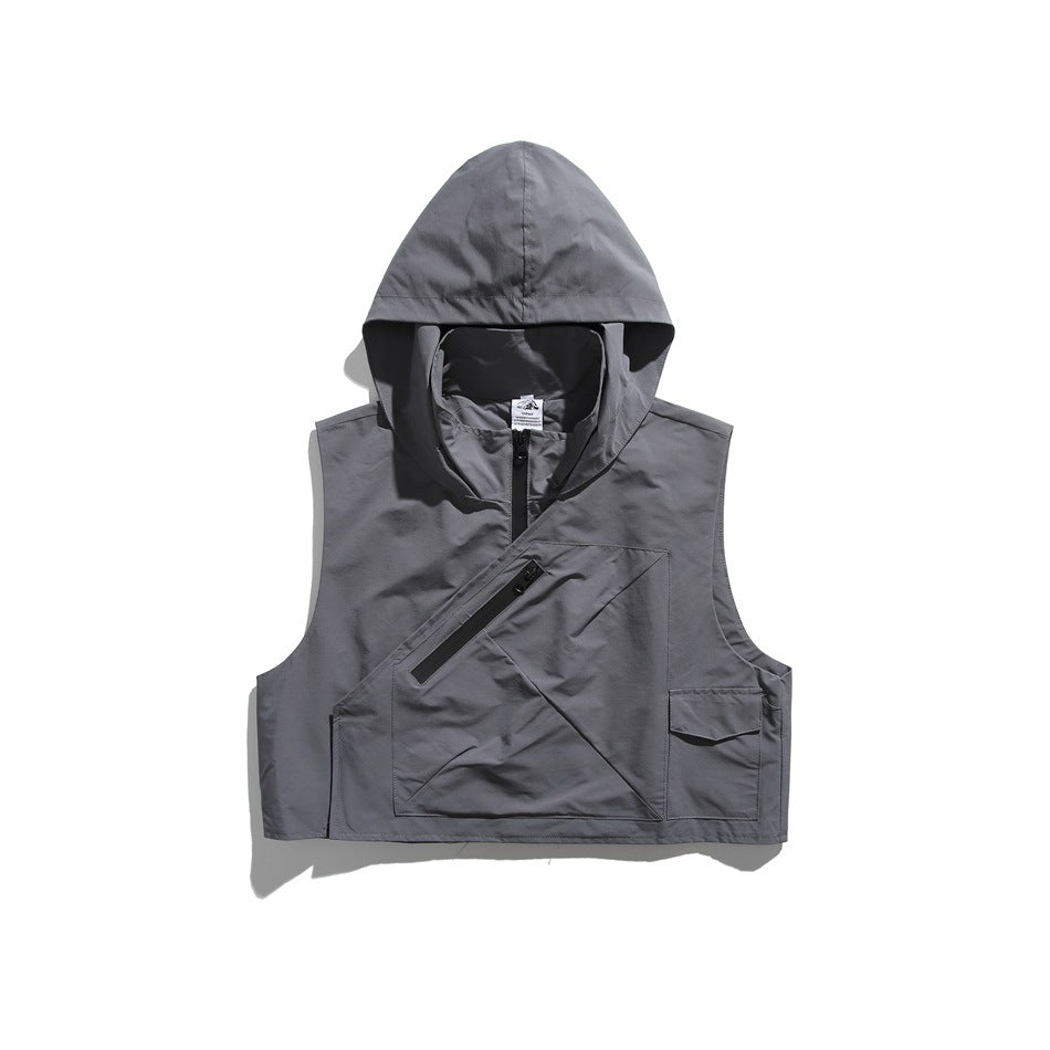Gray sleeveless hooded vest flat lay with diagonal front zip, black zipper pocket and a flap pocket