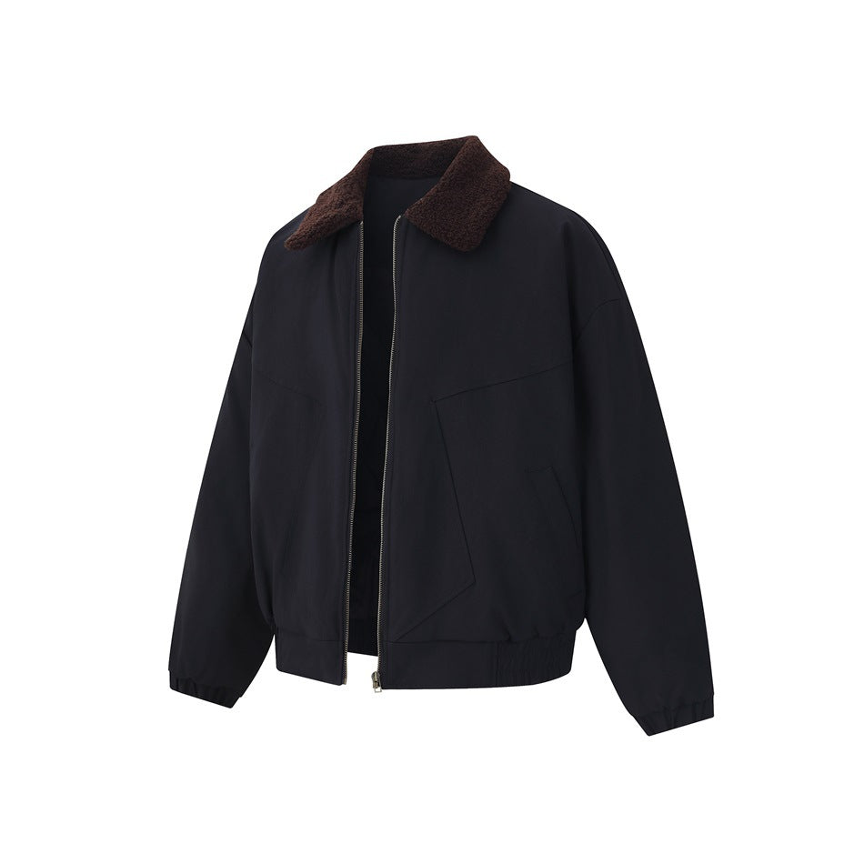 Black zip-front jacket with a dark brown textured collar, angled pockets, and elastic cuffs and hem.