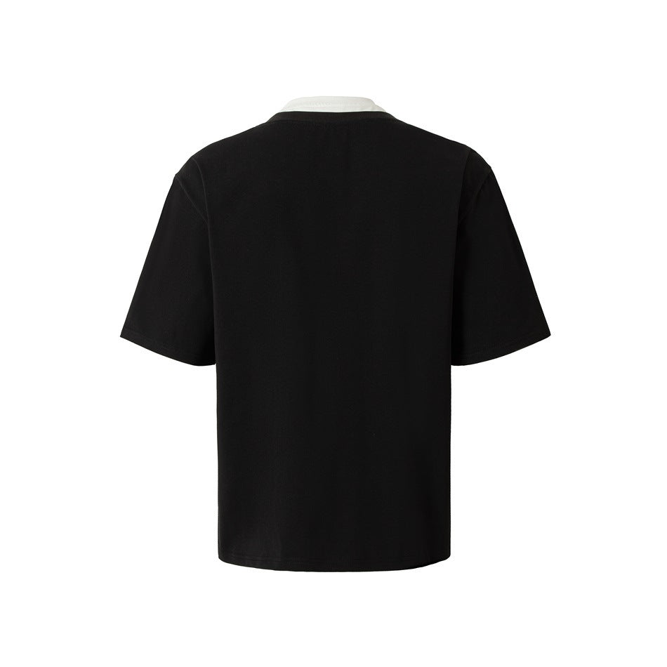 Plain black short-sleeve T-shirt shown from the back, with a white contrast collar.