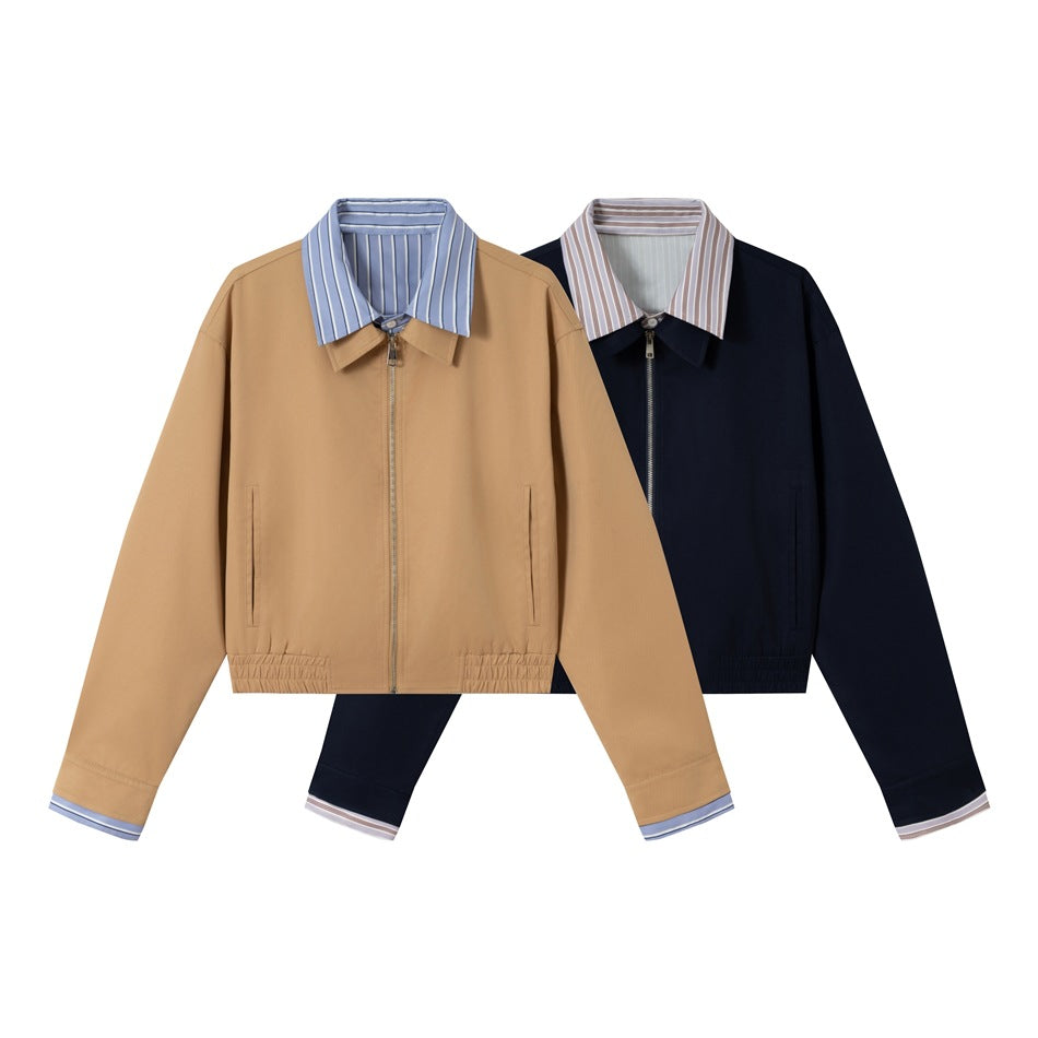 Two cropped zip jackets shown front-facing: tan with blue striped trim and navy with taupe striped trim.
