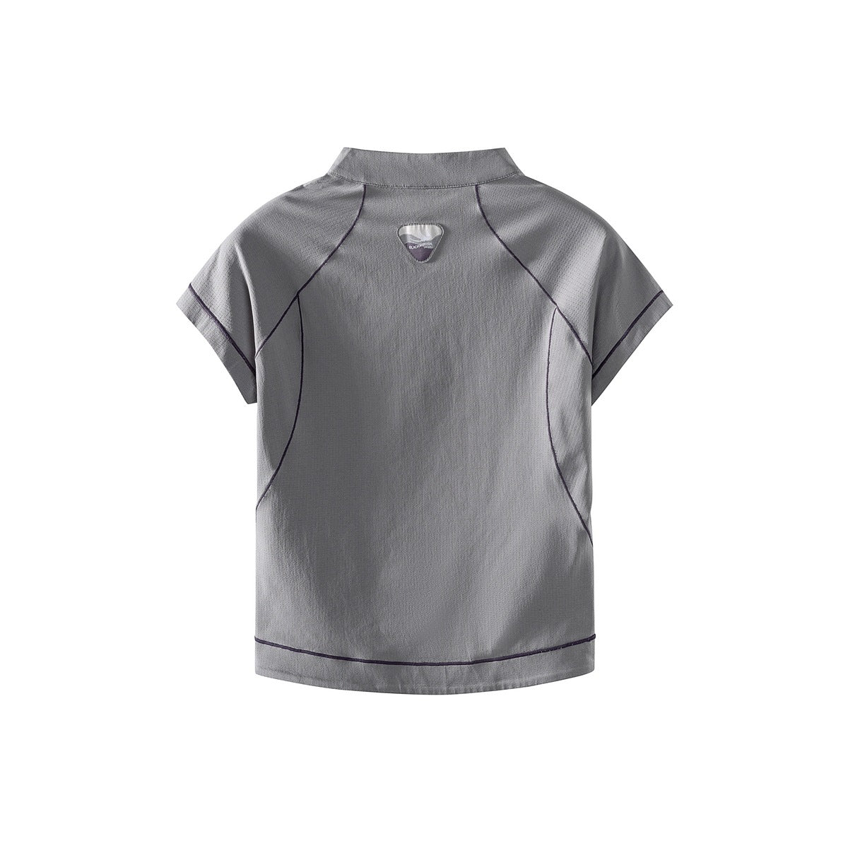 Back view of a gray short-sleeve top with a high collar and dark contrast seam details.