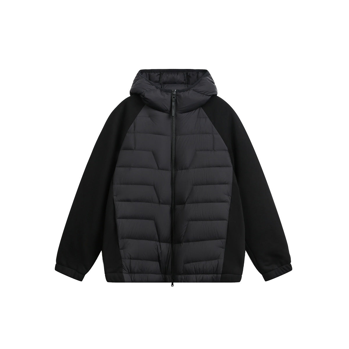 Black hooded quilted zip jacket with black knit raglan sleeves, front view on white background