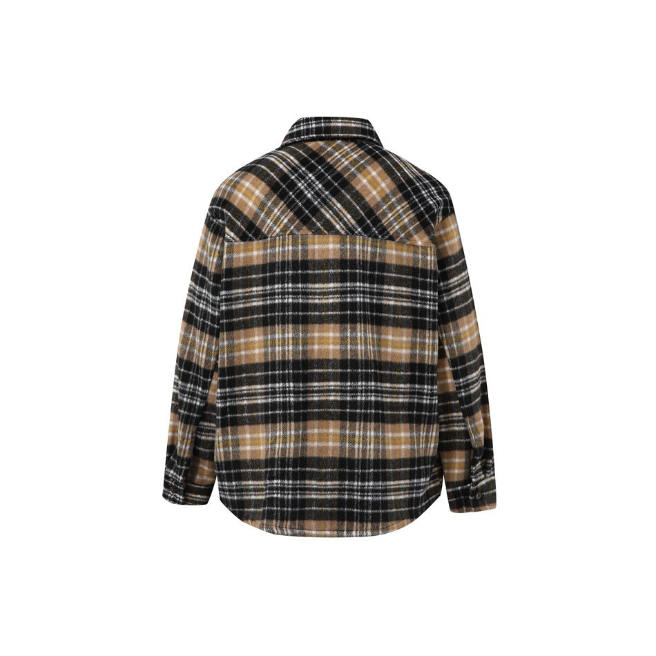 Back view of a black, tan, and white plaid shirt with a horizontal yoke seam and curved hem.