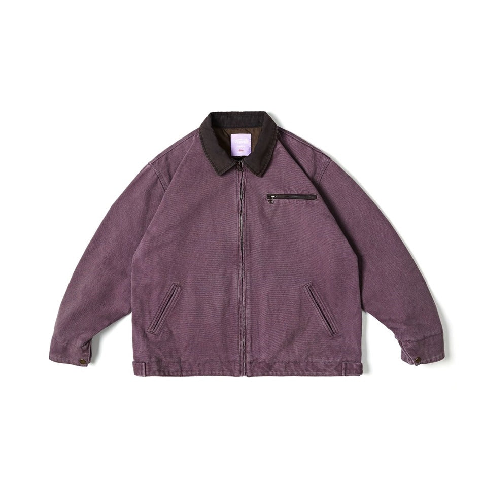 Purple washed zip jacket with dark brown collar, chest zip pocket and slanted pockets, flat front view