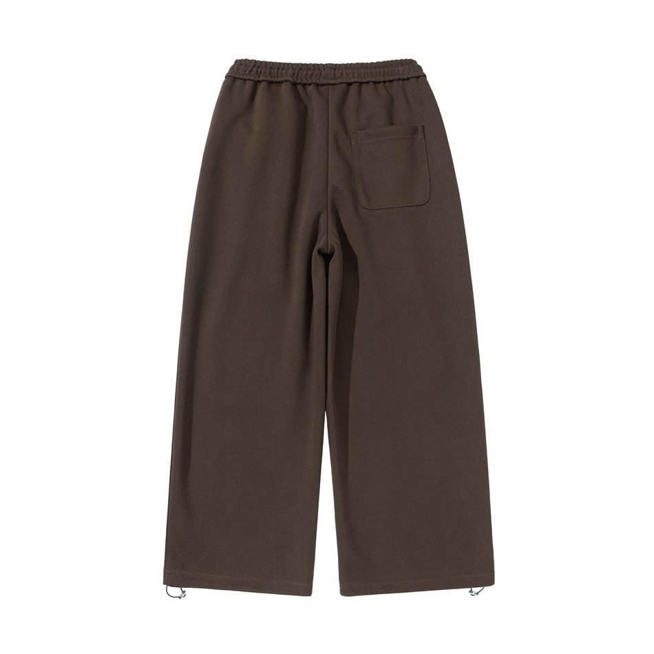 Coffee brown wide-leg sweatpants, flat back view with a patch pocket and elastic waistband