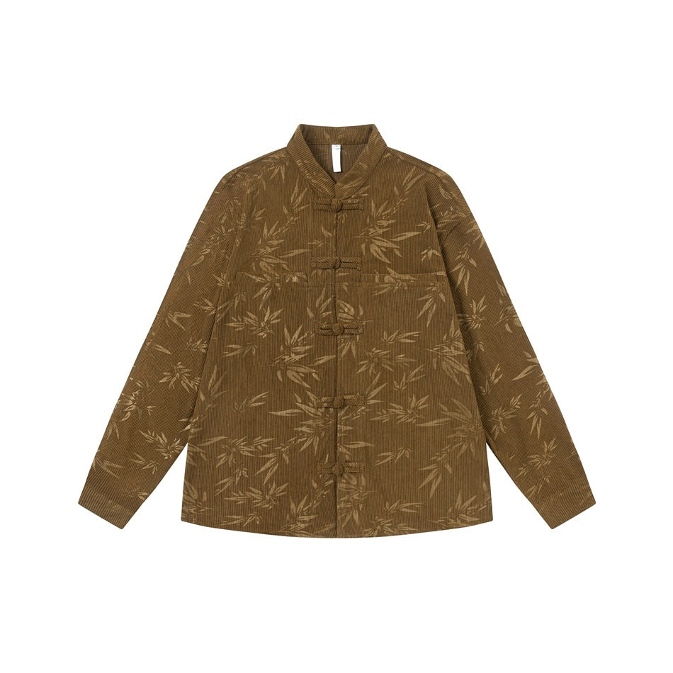 Olive-brown long-sleeve stand-collar shirt with frog-knot closures and bamboo-leaf pattern, flat lay