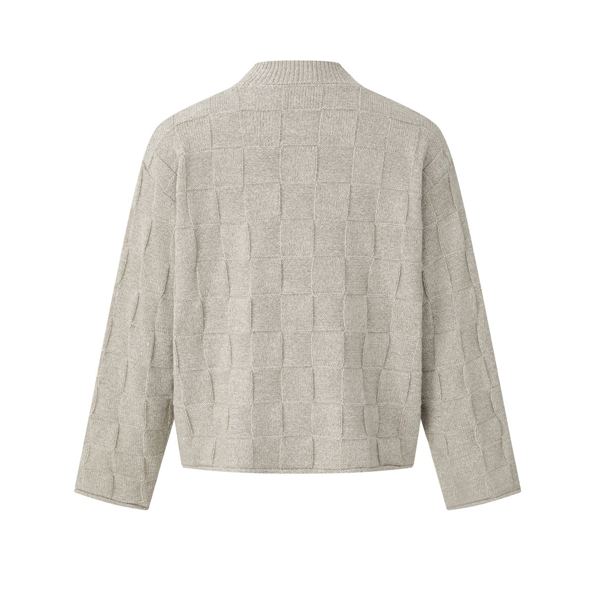 Back view of a light beige long-sleeve knit cardigan with a stand collar and square textured pattern.