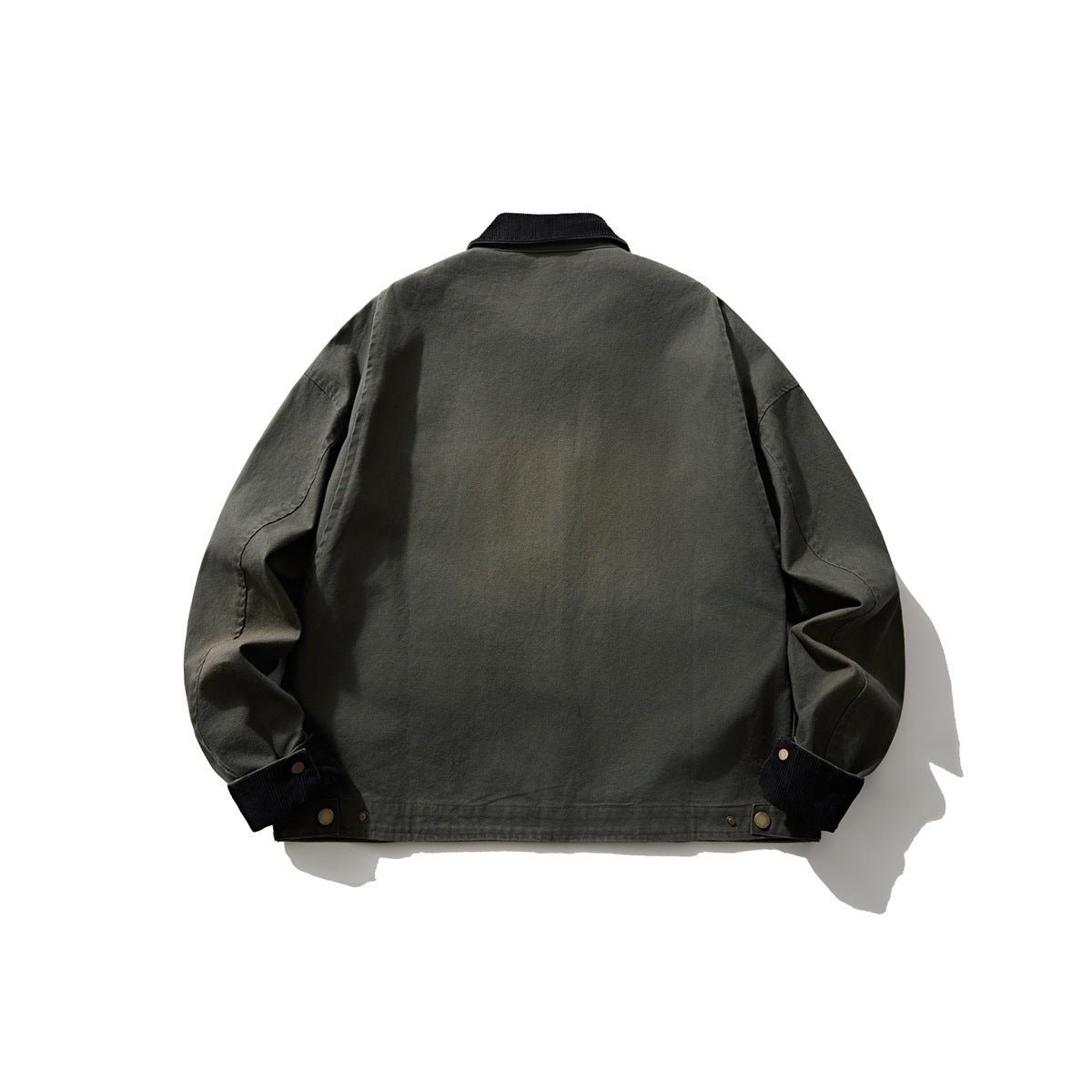 Back view of a dark olive jacket with a black collar and cuffs, snap-adjustable hem, and long sleeves.