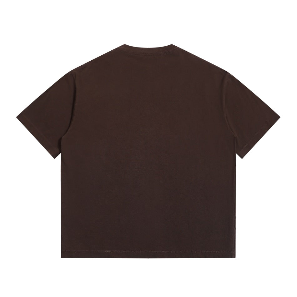 Back view of a plain dark brown short-sleeve crew-neck T-shirt laid flat.