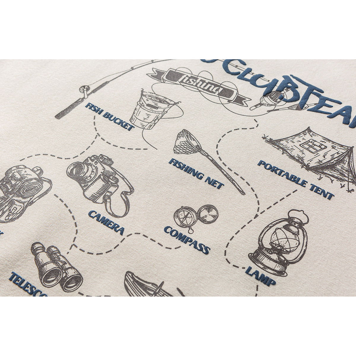 Close-up of a beige garment printed with English camping labels and illustrations of outdoor gear.