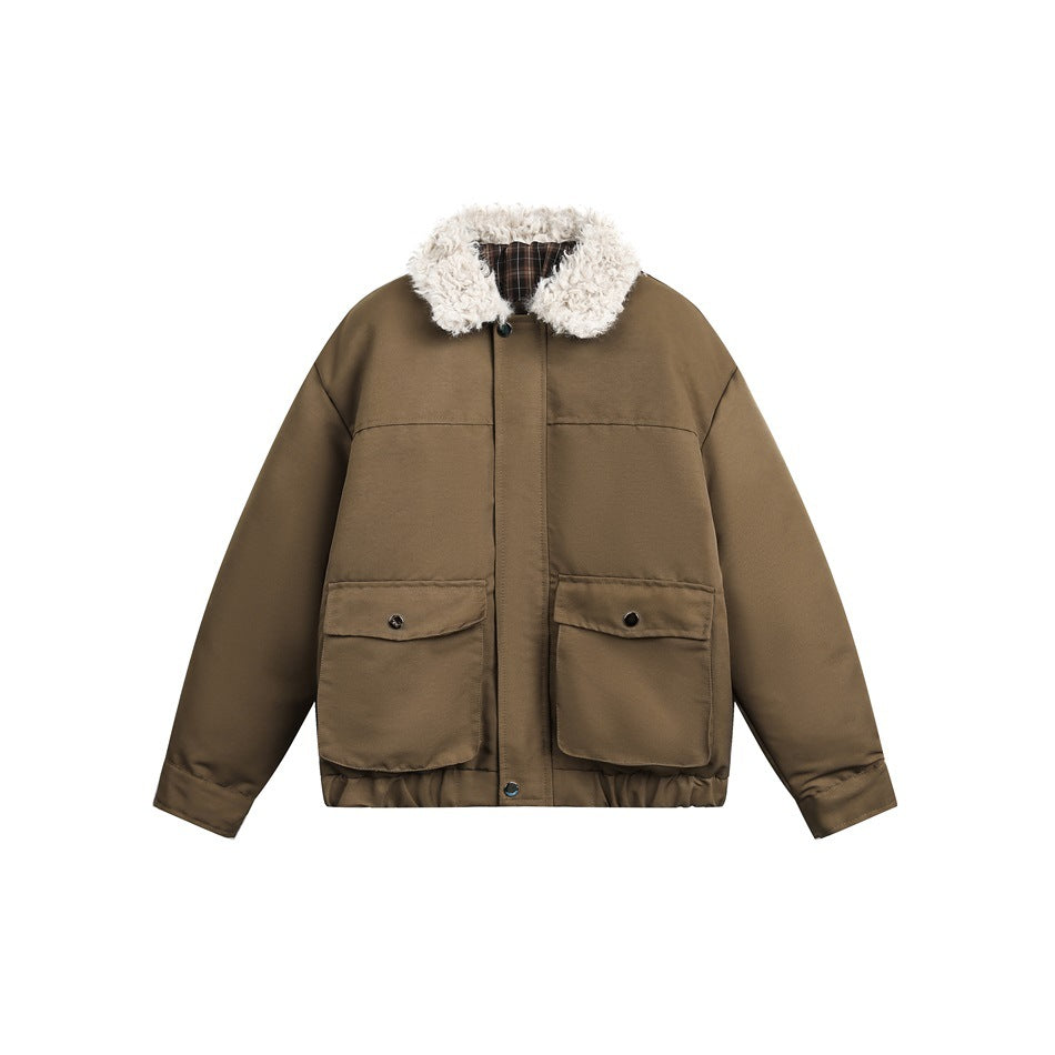Brown jacket with cream fleece-like collar, front zip placket, two snap flap pockets and elastic hem on white background