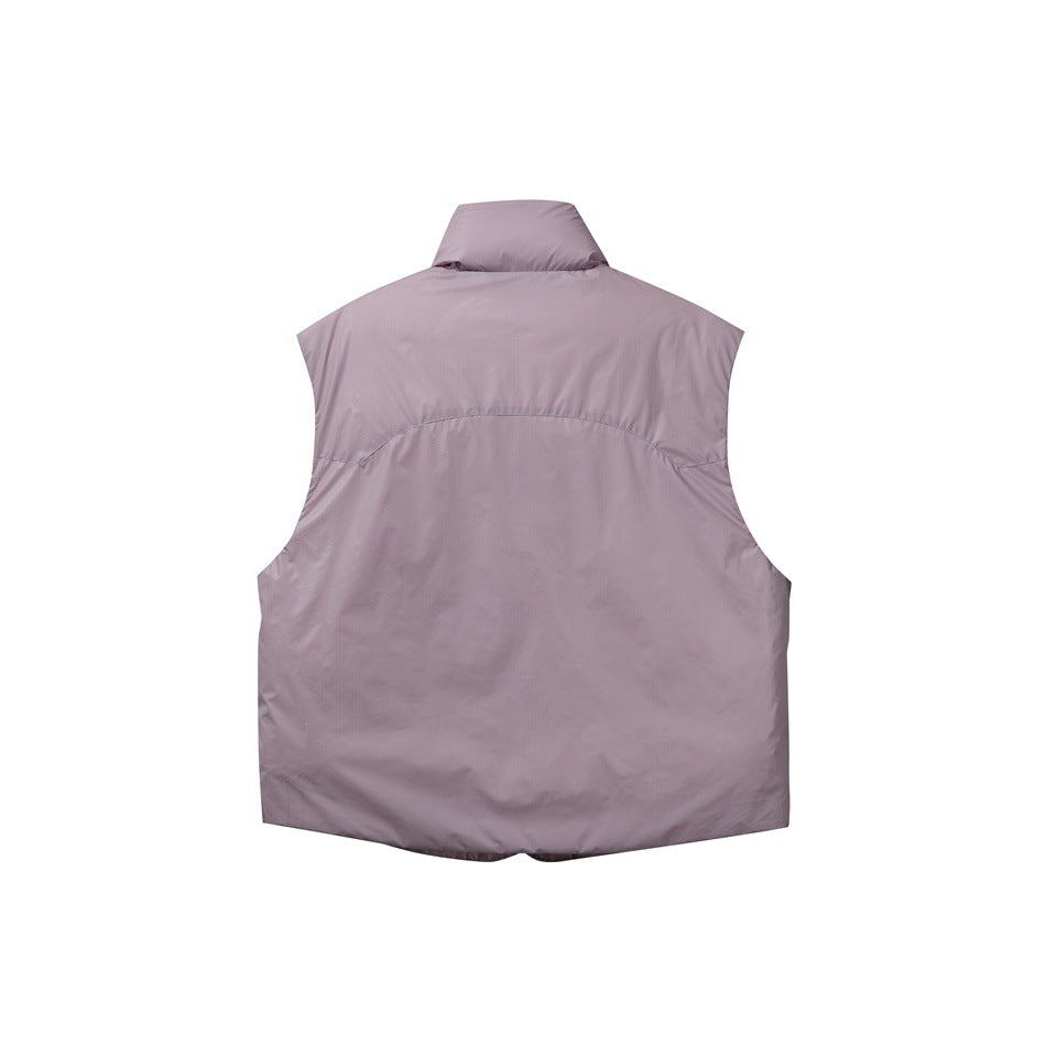 Back view of a mauve sleeveless vest with a stand collar and curved upper-back seam.