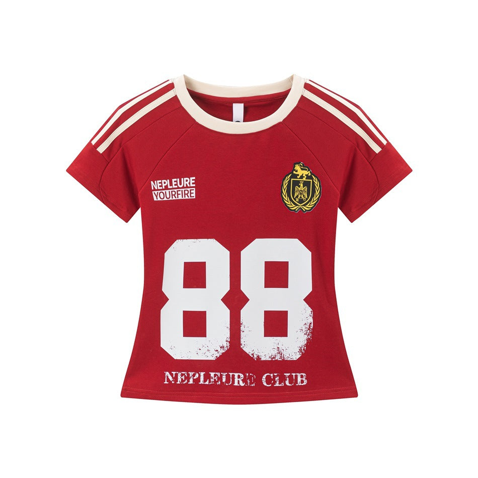 Red cropped short-sleeve tee with cream collar and shoulder stripes, white 88 print and chest crest, front view