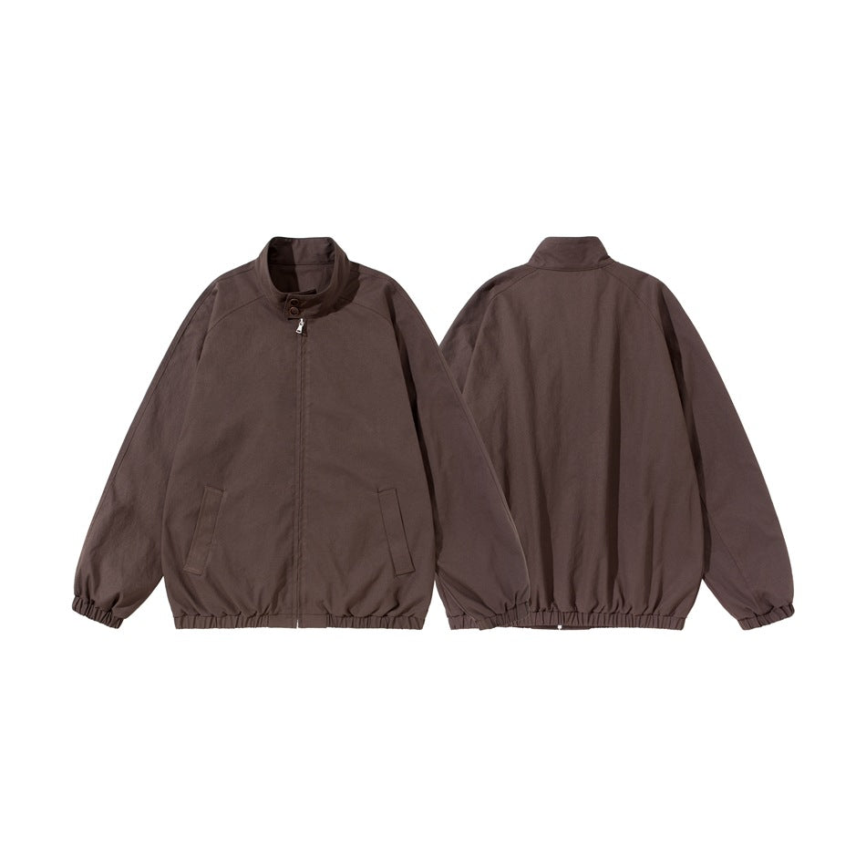 Dark brown zip-front jacket shown from the front and back, with a stand collar, angled pockets, and elastic cuffs and hem.