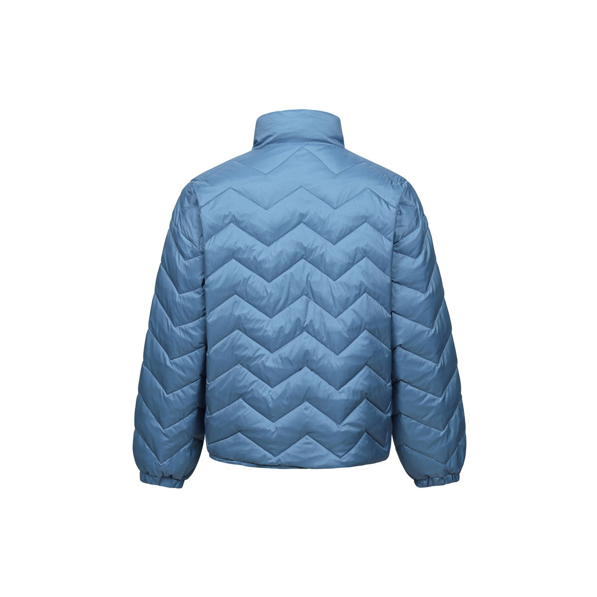 Back view of a blue quilted jacket with a high stand collar, zigzag stitching, long sleeves, and gathered cuffs.