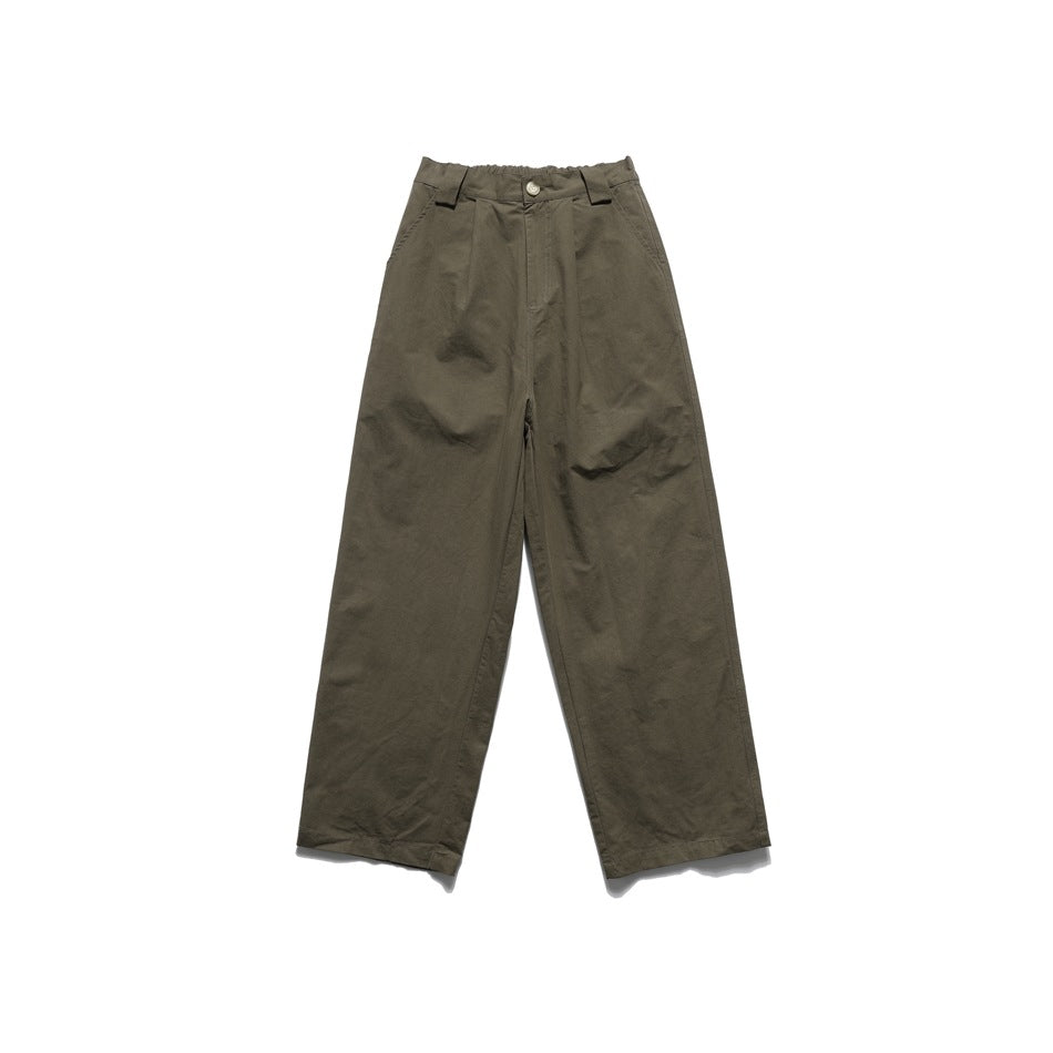 Olive brown wide-leg pleated pants with button waist and elastic waistband, flat lay front view