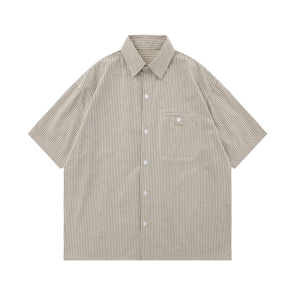 Khaki pinstripe short-sleeve button-up shirt with pointed collar and chest pocket, flat lay front view